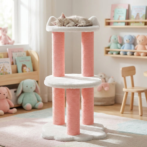 2-Level Cat Tree plush faux fur cat tower in Pink